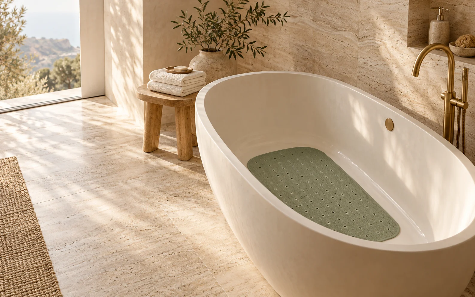 Baño luminoso con alfombrilla de bañera verde salvia